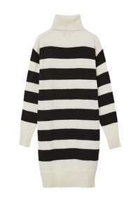 Vestito lungo fino al ginocchio con maniche lunghe, collo a dolcevita, caratterizzato da ampie strisce orizzontali nere e bianche e finiture a coste su polsini e orlo.