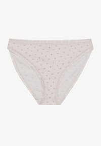 Light pink cotton panties with small floral print, lace trim, and ribbed texture. Features a classic brief style with side coverage.