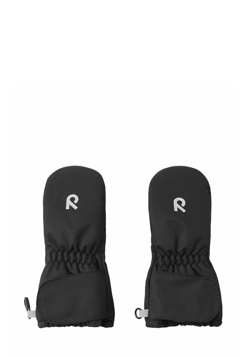 Czarne rękawiczki bez palców z gładką powierzchnią, elastycznymi mankietami i logo na górze. Charakteryzują się zwartym, usztywnionym kształtem dla zapewnienia ciepła.