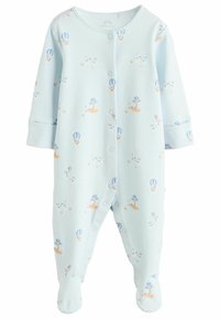 Un body pour bébé bleu clair en matériau doux, avec des motifs fantaisistes d'arbres, de montgolfières et d'animaux. Comprend des boutons-pression et un design avec pieds.