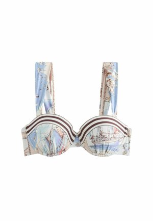 Bikini-Oberteil mit nautischem Kartenmuster, breiten Trägern und braun-weiß gestreiftem Besatz an gepolsterten Cups vor weißem Hintergrund.