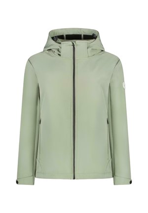 Lichtgroene, waterafstotende jas met ritssluiting, capuchon en twee zijzakken. Heeft een gladde textuur en zwarte accenten.