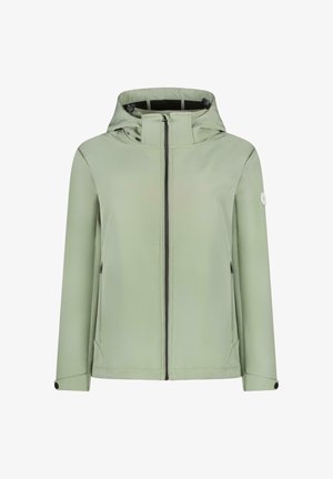 Lichtgroene, waterafstotende jas met ritssluiting, capuchon en twee zijzakken. Heeft een gladde textuur en zwarte accenten.