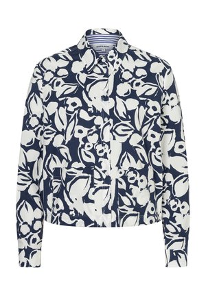 Langärmliges Hemd mit Knopfleiste, marineblauem und weißem Blumenmuster sowie zwei aufgesetzten Taschen vorne.