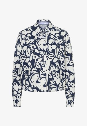 Langärmliges Hemd mit Knopfleiste, marineblauem und weißem Blumenmuster sowie zwei aufgesetzten Taschen vorne.