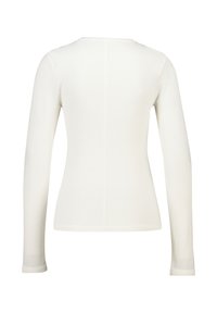 Long-sleeve ribbed top in off-white, featuring a round neckline and fitted silhouette. Smooth texture with a subtle seam detail at the back.