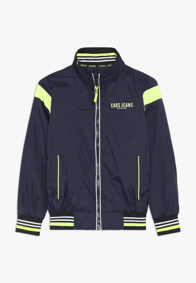 Námorně modrá bomber bunda s neonově žlutými detaily, zipovým zapínáním, dvěma předními kapsami, pruhovanými manžetami a vysokým límcem. Lehce nylonový materiál.