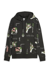 Sudadera negra con distintos estampados gráficos en rosa, verde y blanco, con un bolsillo frontal y capucha ajustable con cordón.