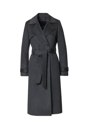 Czarny wełniany płaszcz trench, dwurzędowy z szerokimi klapami, paskiem w talii oraz akcentami w postaci pasków na rękawach. Gładki, dopasowany krój.