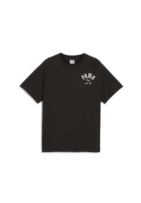 Černé tričko s krátkými raglánovými rukávy, kulatým výstřihem a bílým logem "PUMA est. 1948" na hrudi. Vyrobeno z měkké bavlněné tkaniny.