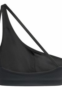 Reggiseno sportivo nero con una texture liscia, dotato di un bordo a coste, sottili spalline incrociate e dettagli di cucitura minimi.