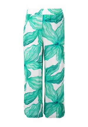 Witte bloemenbroek met een groen bladerenpatroon. Gemaakt van lichtgewicht stof met een comfortabele elastische tailleband en een wijd uitlopende pasvorm.