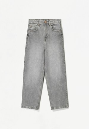 Light gray denim jeans with a straight cut, five pockets, and contrasting stitching. Features a button and zipper closure. Textured fabric.