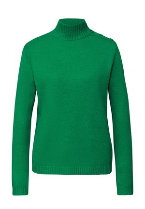 Zielony sweter z dzianiny z wysokim kołnierzem, długimi rękawami i detalem guzików na lewym ramieniu. Tkanina o fakturze z prążkowanymi mankietami i dolnym brzegiem.