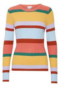 Pull à manches longues côtelé avec des rayures horizontales multicolores : rouge, vert, jaune, bleu clair, violet et rose. Col rond, design ajusté.