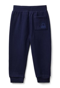 Pantaloni della tuta blu navy con vita elasticizzata, polsini a costine e una tasca posteriore con un piccolo logo sul lato destro.