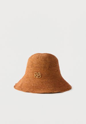 Brown crocheted bucket hat with small embroidered "RB" logo on the front, displayed on plain white background.