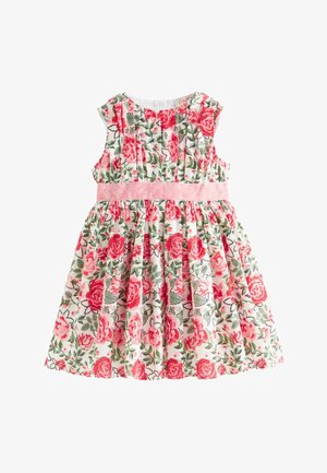 Blommig klänning med vit bakgrund, rosa rosor och gröna blad, figursydd bodice och midjeband i rosa satin, plisserad kjol.