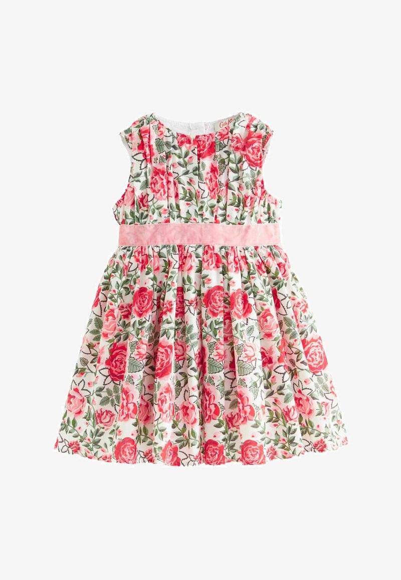 Cvetna obleka z belo podlago, rožnatimi vrtnicami in zelenimi listi, prilegajoč zgornji del in rožnato satenasto pasom, nagubano krilo.