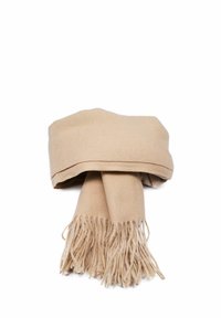 Sciarpa di lana beige con una texture morbida, dotata di un bordo frangiato. Il design è semplice, con una forma rettangolare.