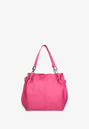 Roze lederen handtas met dubbele hengsels en glanzende zilveren beslag. Zachte textuur, geplooide details aan de zijkanten, ruime binnenkant.