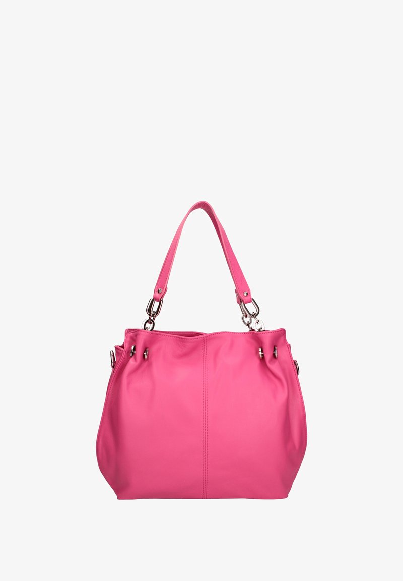Roze lederen handtas met dubbele hengsels en glanzende zilveren beslag. Zachte textuur, geplooide details aan de zijkanten, ruime binnenkant.
