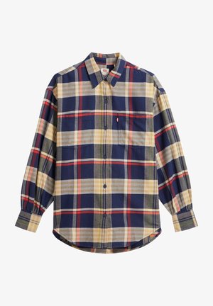 Camisa de franela para hombre de manga larga con botones, con estampado a cuadros en azul marino, beige, rojo y verde, y dos bolsillos en el pecho.