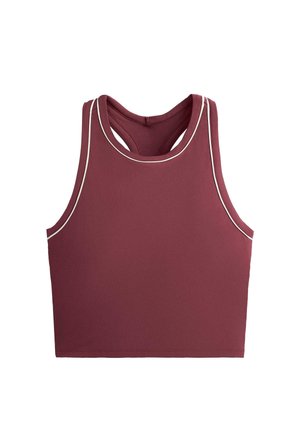 Ärmelloses, bordeauxrotes Croptop mit weißer Paspelierung entlang des Halsausschnitts und der Armlöcher, mit einem Racerback-Design.
