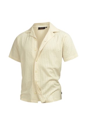Kurzarmiges cremefarbenes Hemd mit Knopfleiste, dezentem vertikalem Strukturmuster und offenem Kragen.