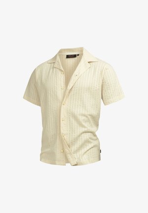 Kurzarmiges cremefarbenes Hemd mit Knopfleiste, dezentem vertikalem Strukturmuster und offenem Kragen.