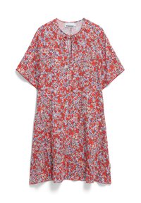 Rote Blumenbluse mit kurzen Ärmeln, runder Ausschnitt, mit gerafftem Ausschnittdetail und lockerer Passform. Aus leichtem Stoff gefertigt.