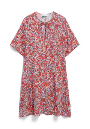 Red floral tunic with short sleeves, featuring a rounded neckline, gathered neckline detail, and a loose fit. Made of lightweight fabric.