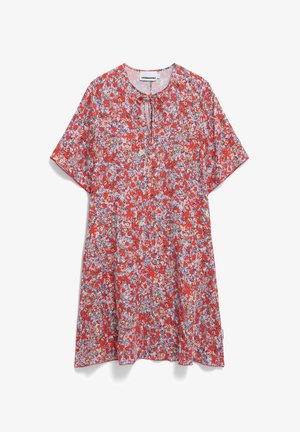 Rode bloementuniek met korte mouwen, voorzien van een ronde halslijn, geplooide details bij de hals en een losse pasvorm. Gemaakt van lichte stof.
