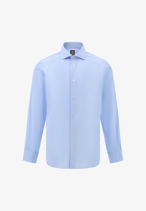 Vaaleansininen nappikauluspaita, jossa on ruudullinen kuvio, pitkät hihat, normaali kaulus, valmistettu sileästä puuvillakankaasta ja rento istuvuus.