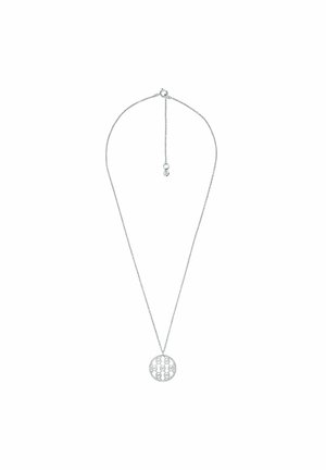 Collier délicat en chaîne d'argent avec un pendentif circulaire arborant un motif double-G entrelacé et une petite fermeture à clip.