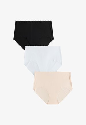 Trois sous-vêtements femme sans couture taille haute en noir, blanc et beige avec des bords en feston, empilés verticalement sur un fond blanc.