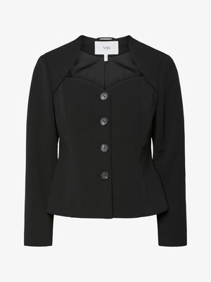Jachetă neagră structuratã cu decolteu tip sweetheart, mâneci lungi și cinci nasturi negri pe față. Material neted cu o croială ajustată.