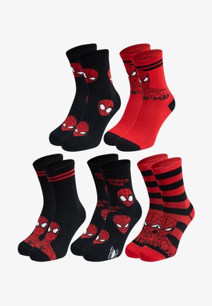 Four pairs of socks featuring Spider-Man designs. Black and red colors with patterns of Spider-Man's face, stripes, and logos. Cotton blend material.