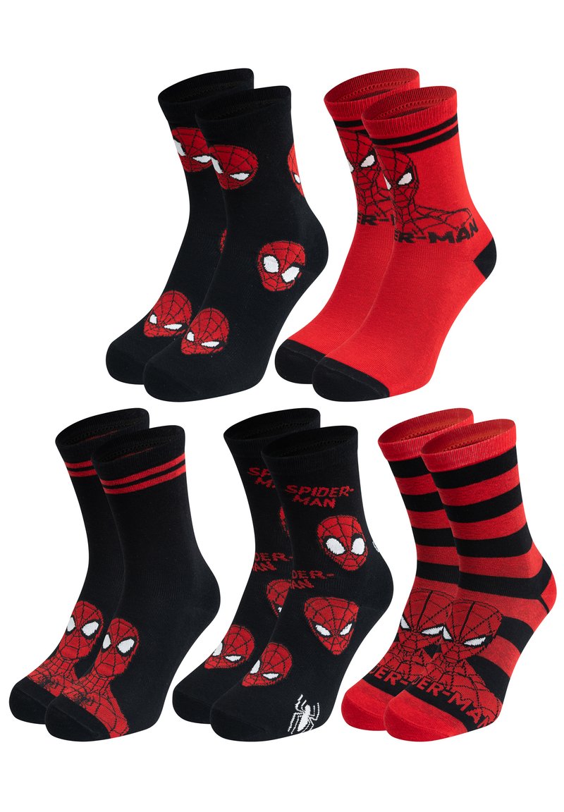 Quattro paia di calzini con design di Spider-Man. Colori nero e rosso con pattern del viso di Spider-Man, righe e logo. Materiale misto cotone.