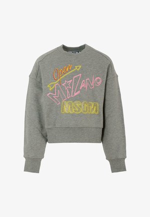 Szara bluza z krótkim krojem. Wyróżnia się kolorową haftą: "Open", "Milano" i "MSGM" w żywych kolorach oraz gwiazdką.