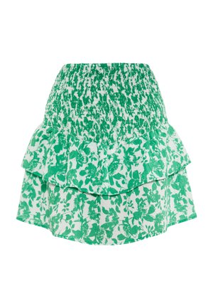 Zielona spódnica w kwiatowy wzór z marszczonym pasem, dwoma warstwami falbanek oraz lekkim, teksturowanym materiałem.