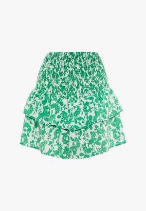 Zielona spódnica w kwiatowy wzór z marszczonym pasem, dwoma warstwami falbanek oraz lekkim, teksturowanym materiałem.