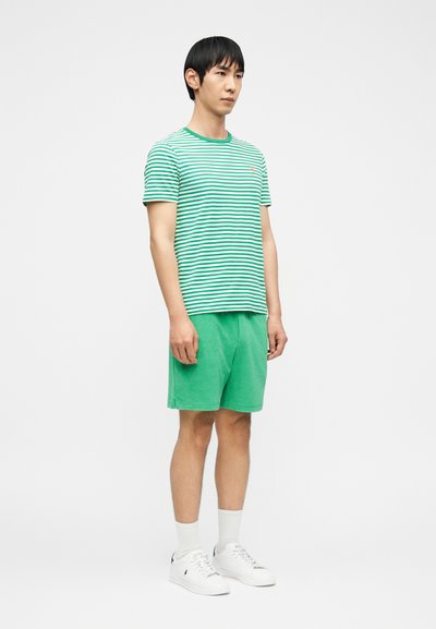 Άνδρας που στέκεται, φοράει πράσινη και λευκή κοντομάνικη μπλούζα με ρίγες, πράσινα σορτς, λευκές κάλτσες και λευκά αθλητικά παπούτσια, με φόντο ένα απλό τοπίο.