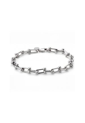 Hopeinen rannekoru, jossa on pitkulaisia suorakulmaisia lenkkejä, jotka on yhdistetty pienillä pyöreillä helmillä ja jossa on lokinavainlukko.