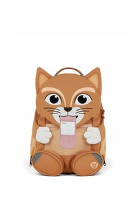 Brown animal-shaped children's backpack with large eyes, ears, paws, and a pink tongue-shaped name tag on the front.
