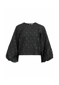 Zwarte textuur geknipte blouse met ballonmouwen en een ronde halslijn.