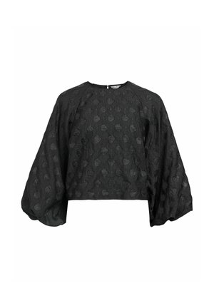 Sort tekstureret cropped bluse med ballonærmer og rund halsudskæring.