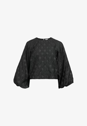 Sort tekstureret cropped bluse med ballonærmer og rund halsudskæring.