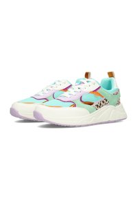 Bunte Sneaker mit einer Mischung aus mintgrün, Lavendel, Orange und Akzenten im Leopardenmuster. Hergestellt aus Mesh- und strukturierten Materialien.