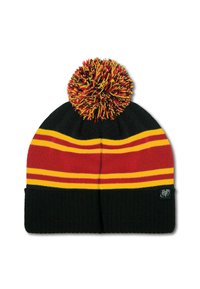 Knit beanie featuring a black base with red and yellow horizontal stripes, topped with a multi-colored pom-pom; logo on the cuff.